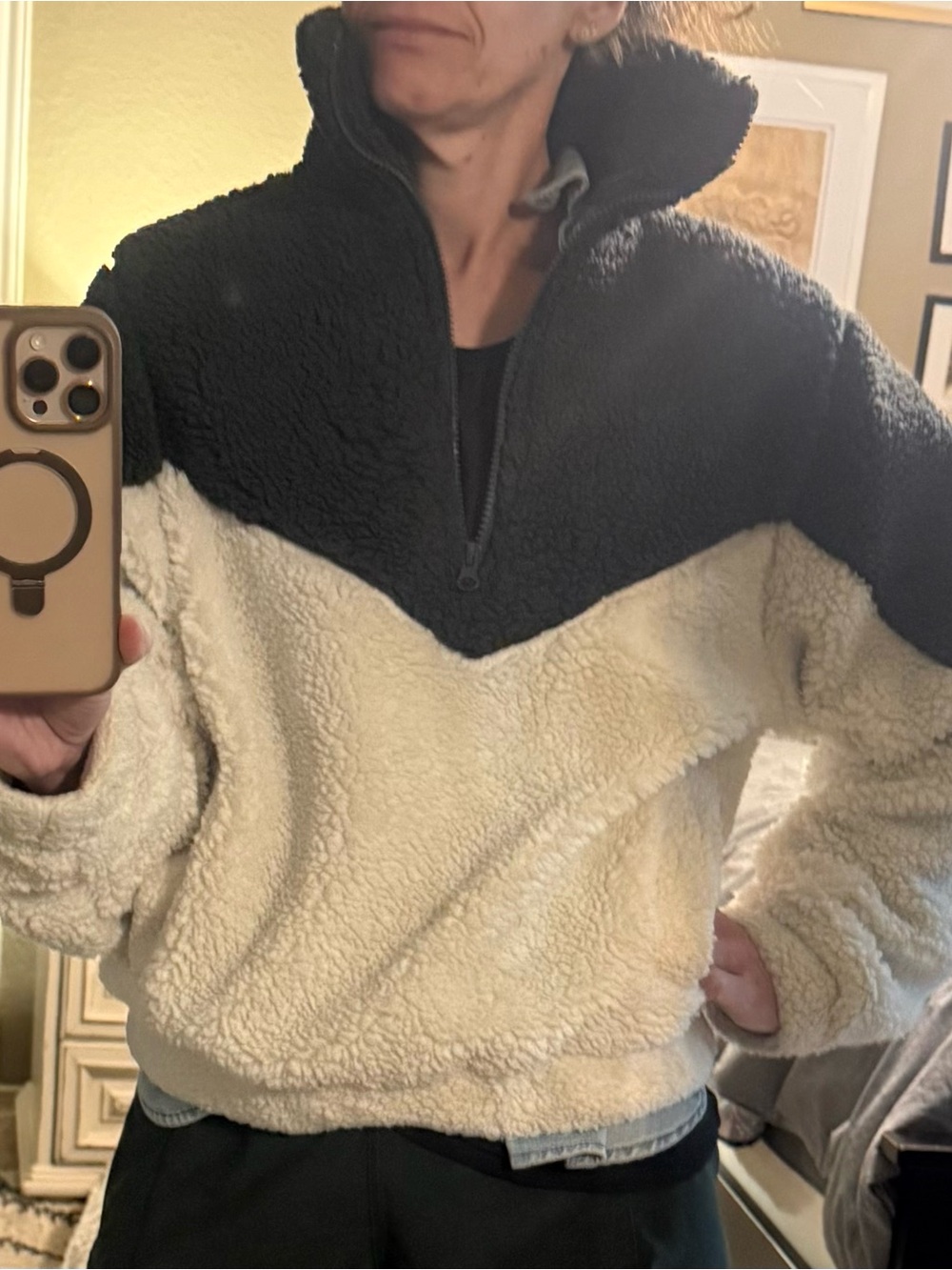 Two-Tone Sherpa Zip-Up Pullover - Hunter Green & Cream/White